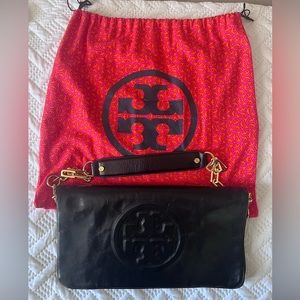 Black Leather Tory Burch Reva Clutch
